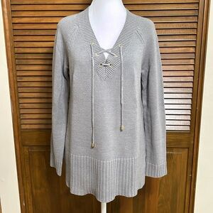 Liz Claiborne V-Neck Lace-up Long Sleeve Gray Tunic Sweater Size S
